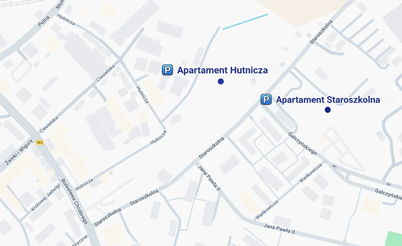 Mapa z lokalizacją Apartamentu Staroszkolna i Apartamentu Hutnicza w Bolesławcu